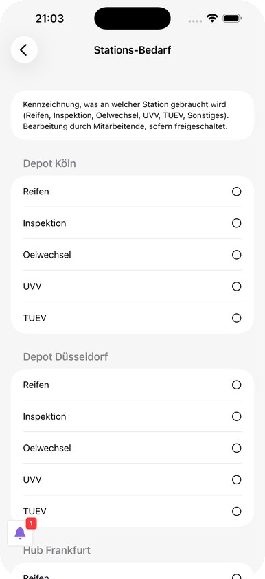 Stationsbedarf in der App