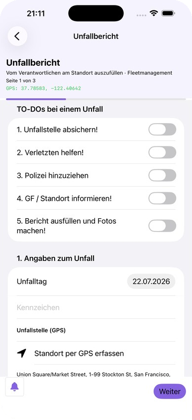 Unfallmeldung in der App